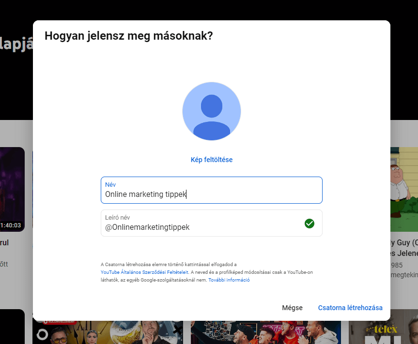 Youtube csatorna létrehozás